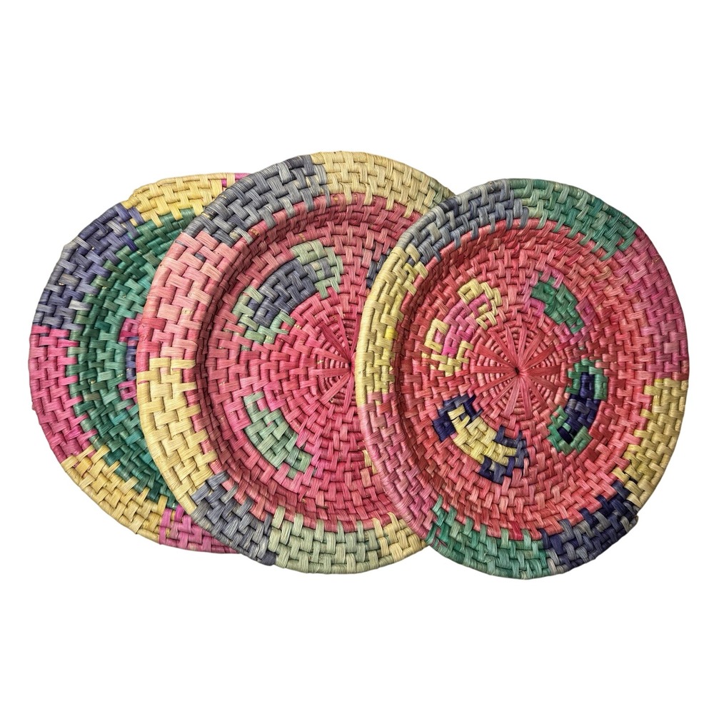 Vintage PIER ONE IMPORTS Large Hand Woven Straw Basket Bowl Tray Fiesta Decor